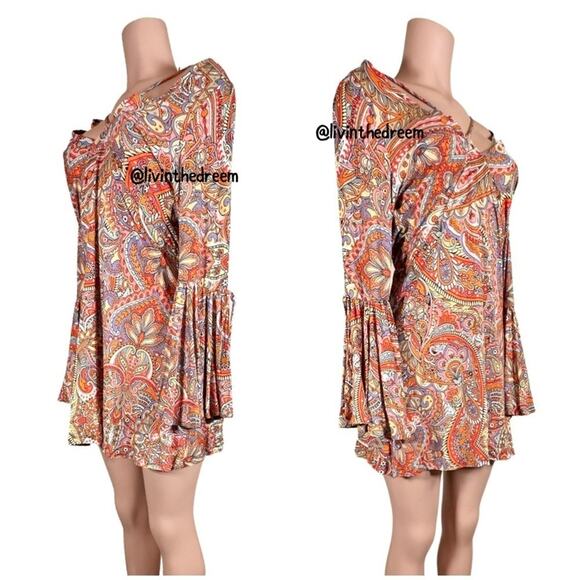 Luli Fama ANDALUZ V Neck Bell Sleeve Short Dress SZ L $145 - Picture 6 of 11